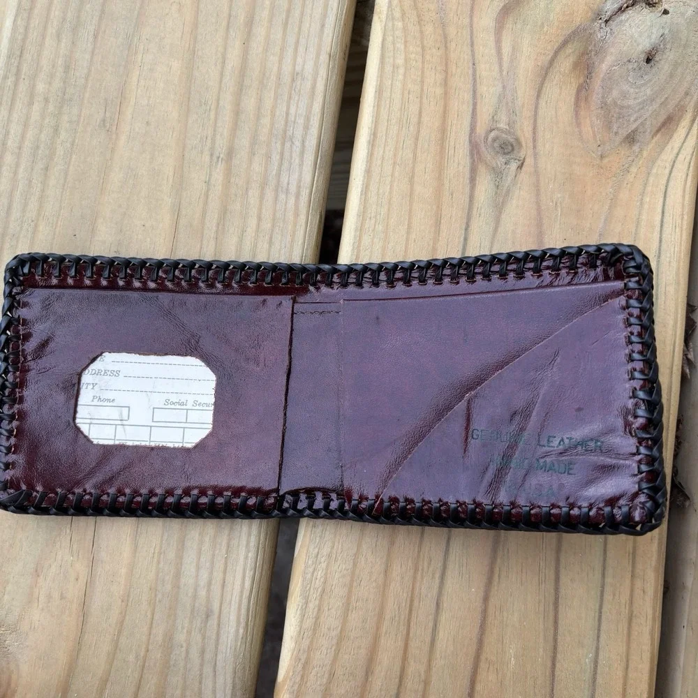 Vintage Bifold Leather Wallet Scales Reptile Hand Tooled Brown Blank 90s